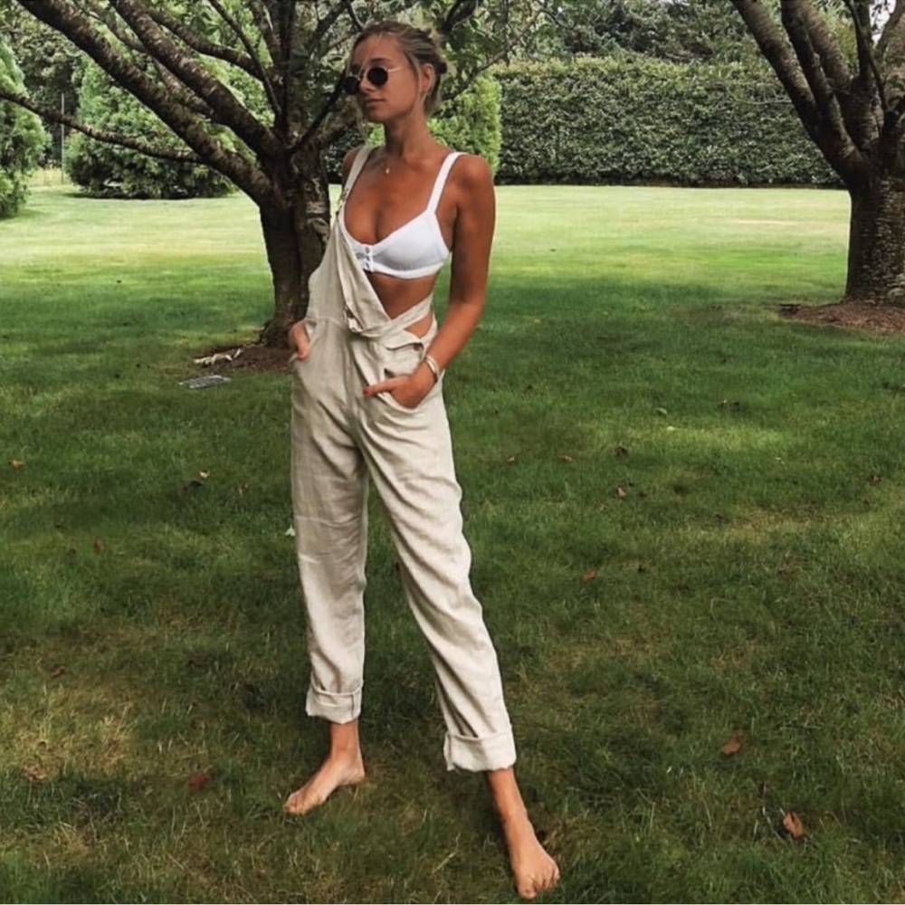 WeWoreWhat 100% Linen Cream Overalls Gold Hardware